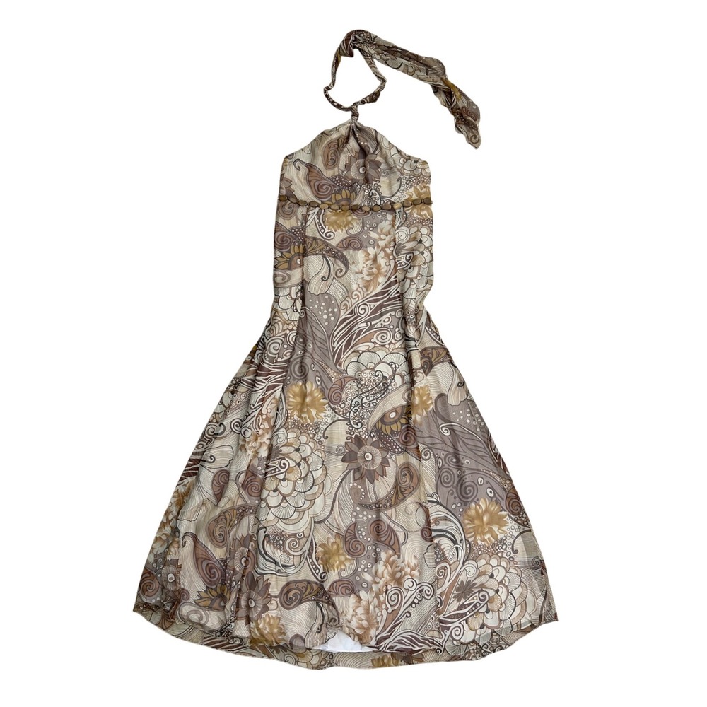 Vtg Adrianna Papell 100% Silk Halter Dress Brown Paisley Beaded Boho western 10